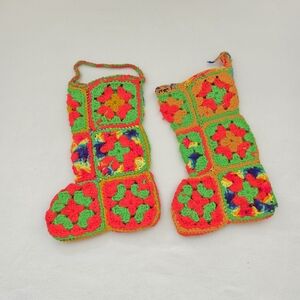 Vtg Granny Square Colorful Crochet Christmas Stockings Handmade Patchwork